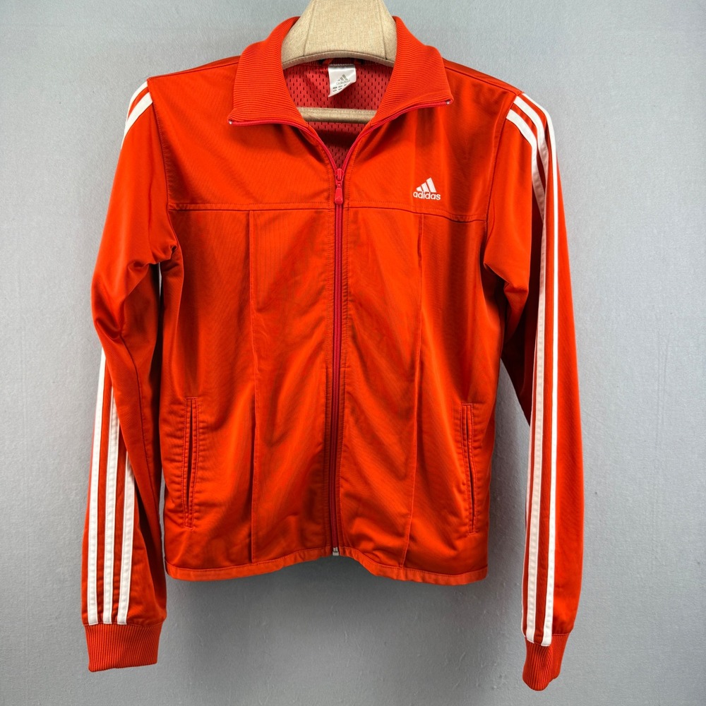 Adidas Red Orange Track Jacket with White Stripes - Picture 2 of 11